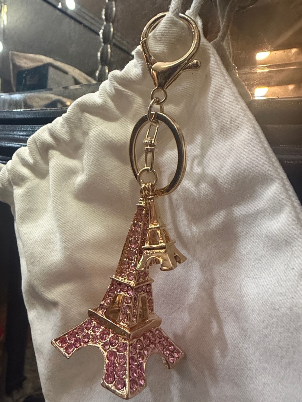 Gold Eiffel Tower Keychain/bag charm with Pink Crystals - Women Accessories